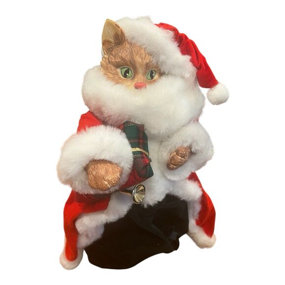 Kitty Cat Santa Tree Topper Orange Green Eyes Christmas Decor Table Top Vintage - Picture 1 of 7